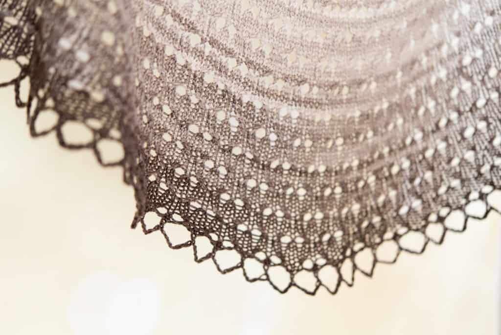 Cumberland lace shawl by Tabetha Hedrick knit in SweetGeorgia Yarn's Party of Five in Cobblestone
