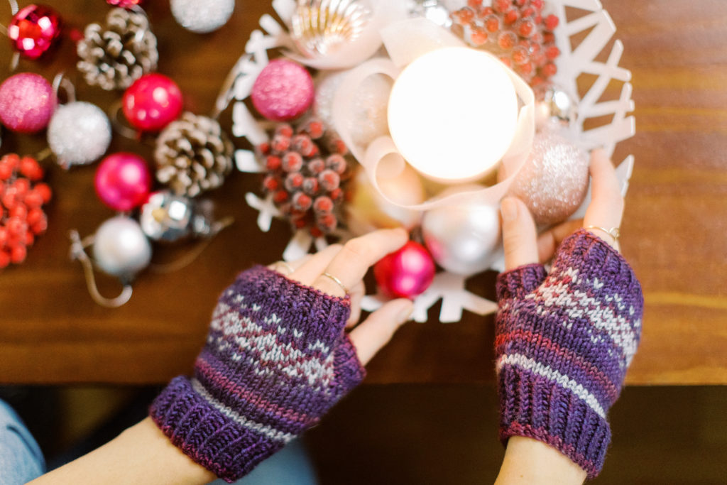 Holiday mitts knit in SweetGeorgia Yarns Mohair Silk DK