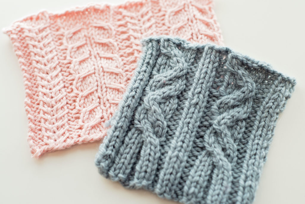 Cables swatches knit in SweetGeorgia Yarns for Cables 101 knitting course on School of SweetGeorgia