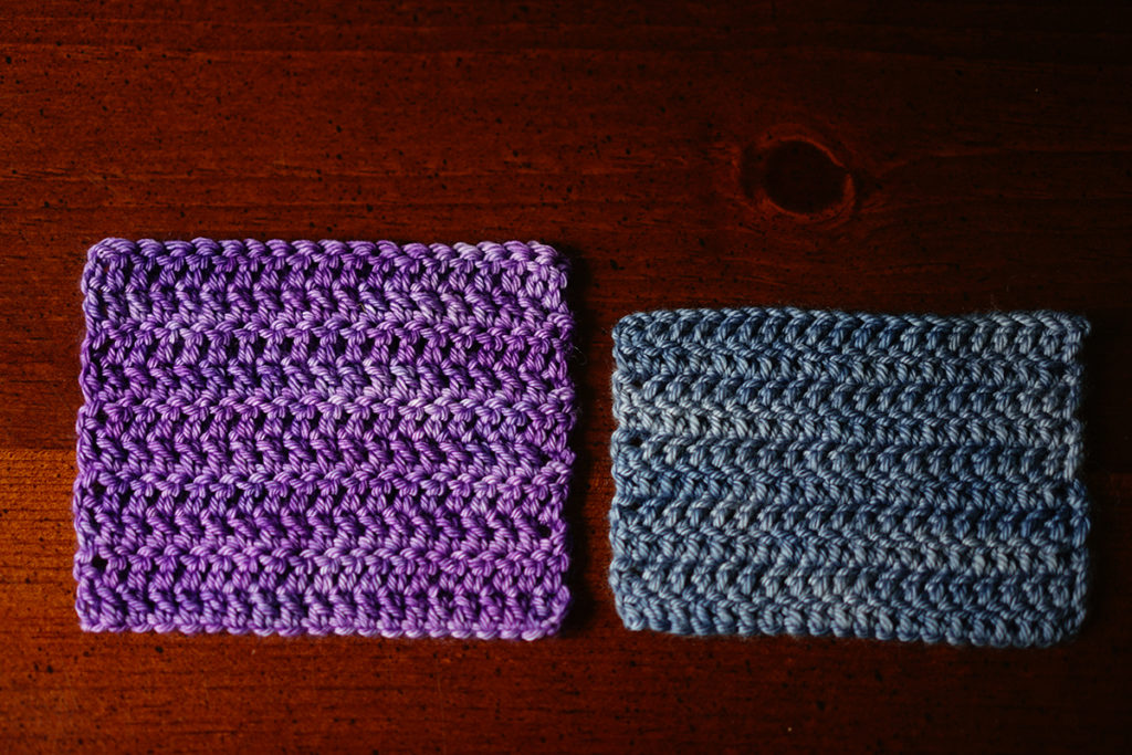 Two crochet swatches showing the difference in yarn over directions
