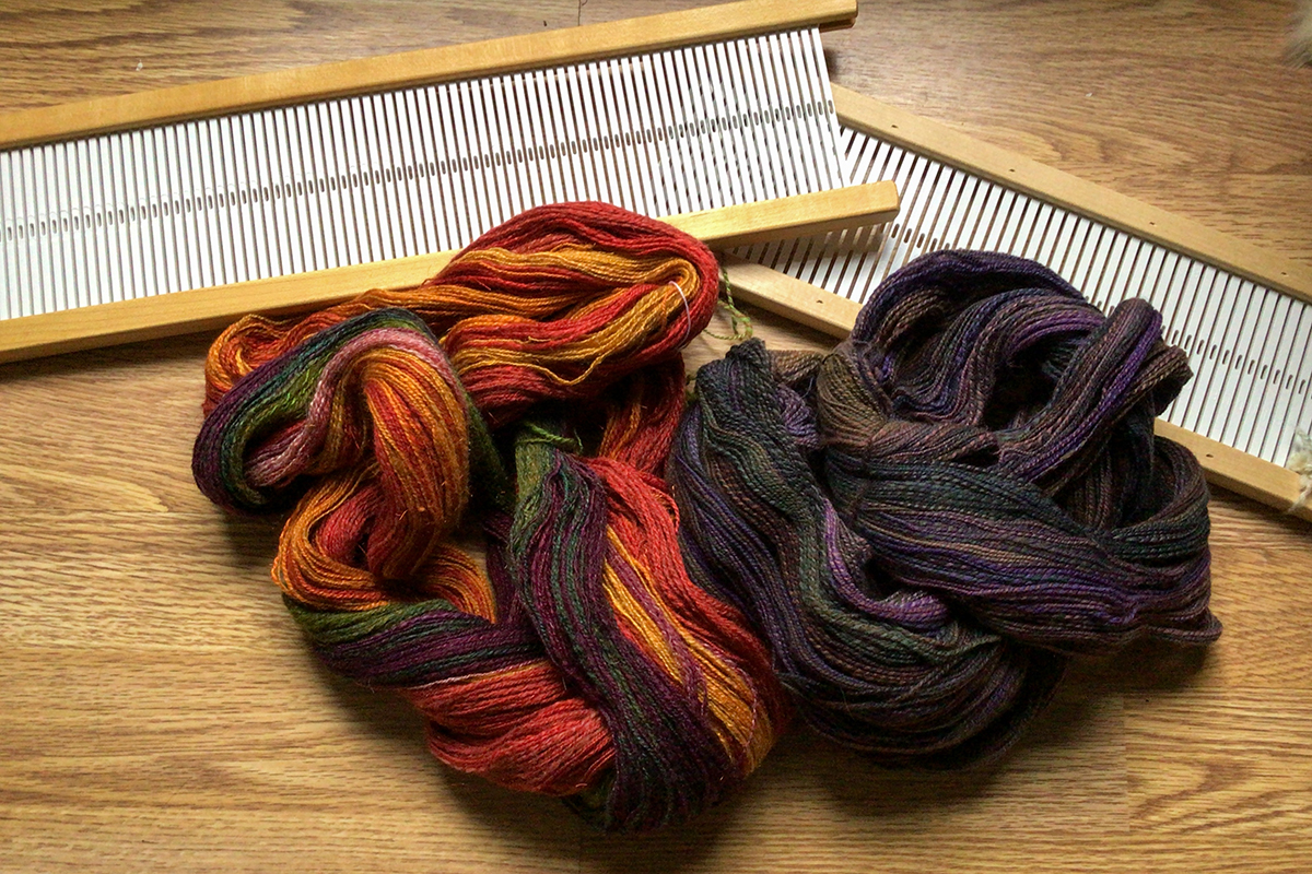 The gauzy, striping fabric begins to take shape while on the loom.