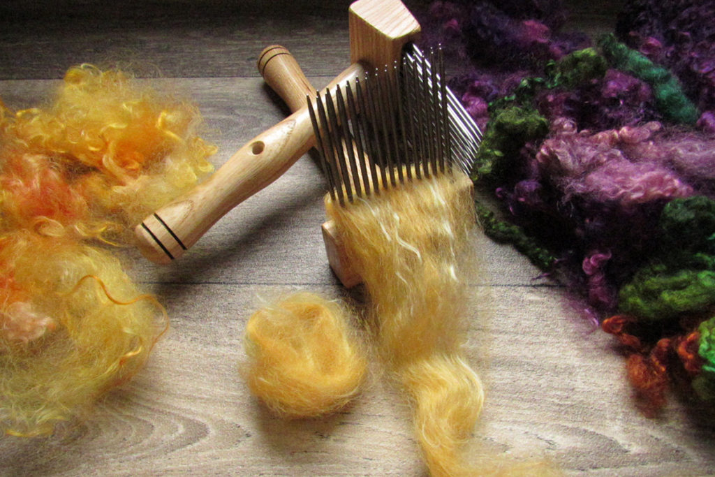 yellow fiber being processed in article: Fibre Processing at Home: Which Blending Tool(s) Should I Buy First? Debbie Held
