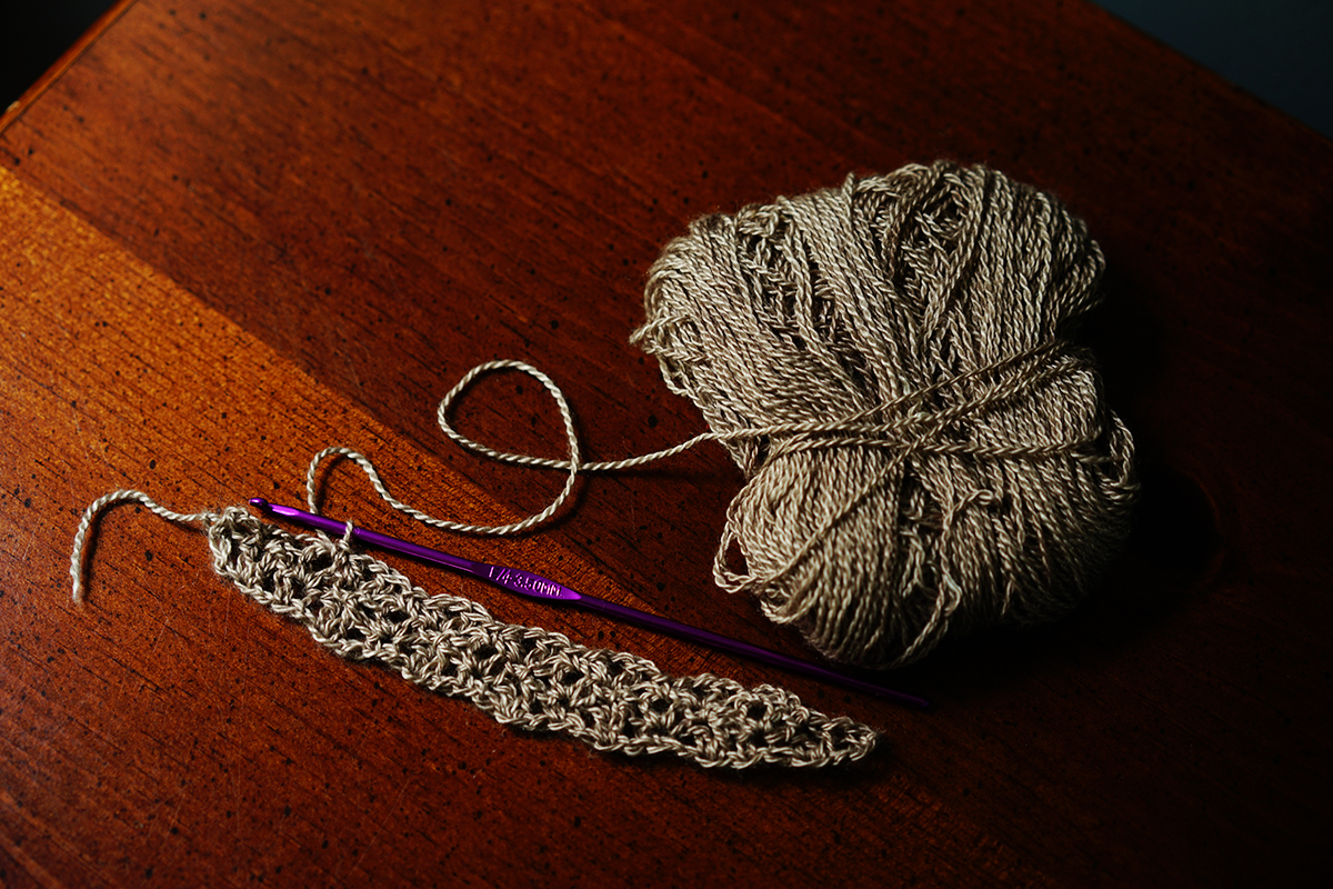 a partial crochet swatch in SweetGeorgia CashSilk laceweight yarn